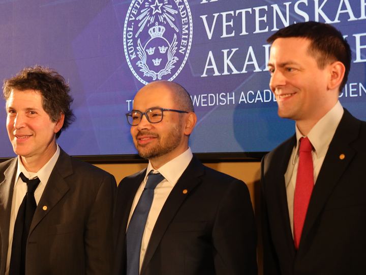 David Baker, Demis Hassabis and John Jumper seated together at a 2024 Nobel Prize press conference