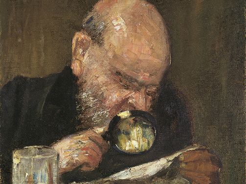Painting of a man reading closely with a magnifying glass